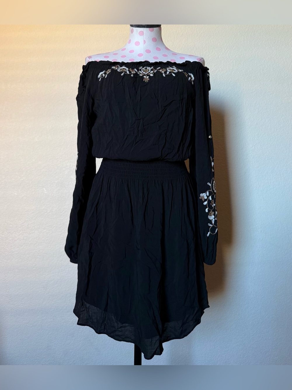 WHBM Off The Shoulder Embroidered Blouson Boho Dress